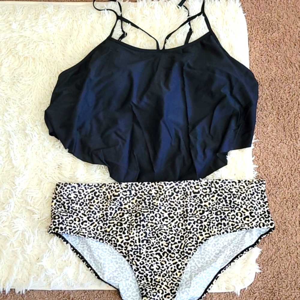 Kindredtrends 2pc bikini blk & leopard 3X